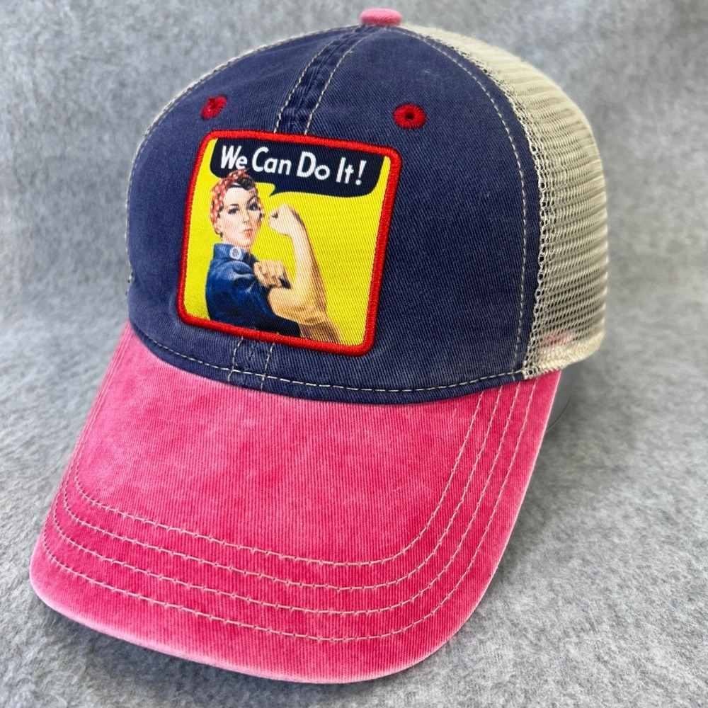 Rosie the Riveter We Can Do It Womens Pink Navy Trucker Hat Snapback OSFM
